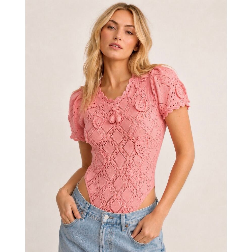 LoveShackFancy Forte Bodysuit Large Peach Pink Strawberry Appliqué Crochet